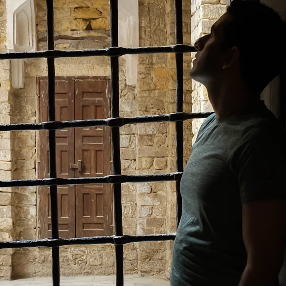 A self-portrait of the author in shadow beside an iron window grille, facing an old stone courtyard and wooden door