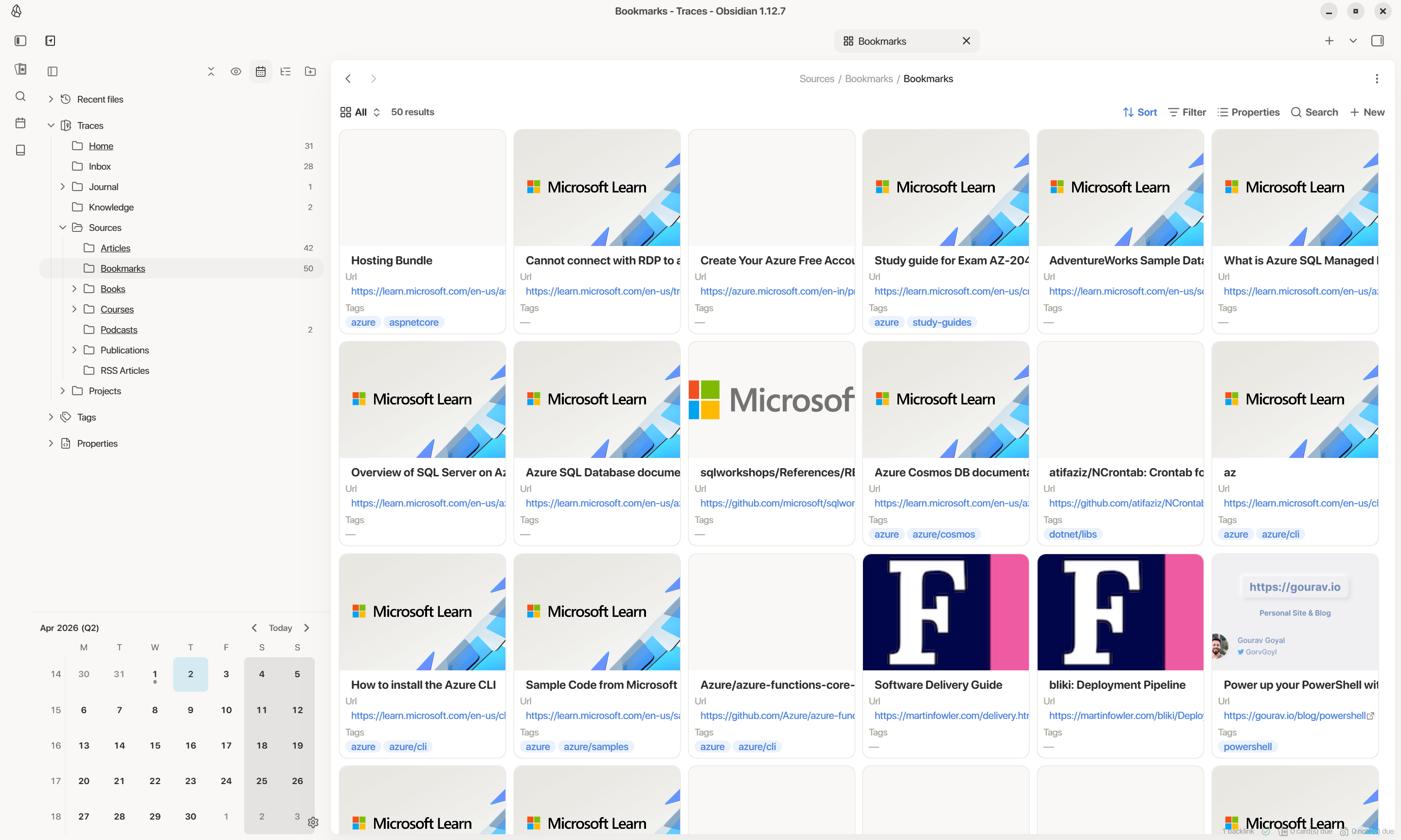 Bases Bookmarks card view with vault folder structure visible in the Notebook Navigator sidebar