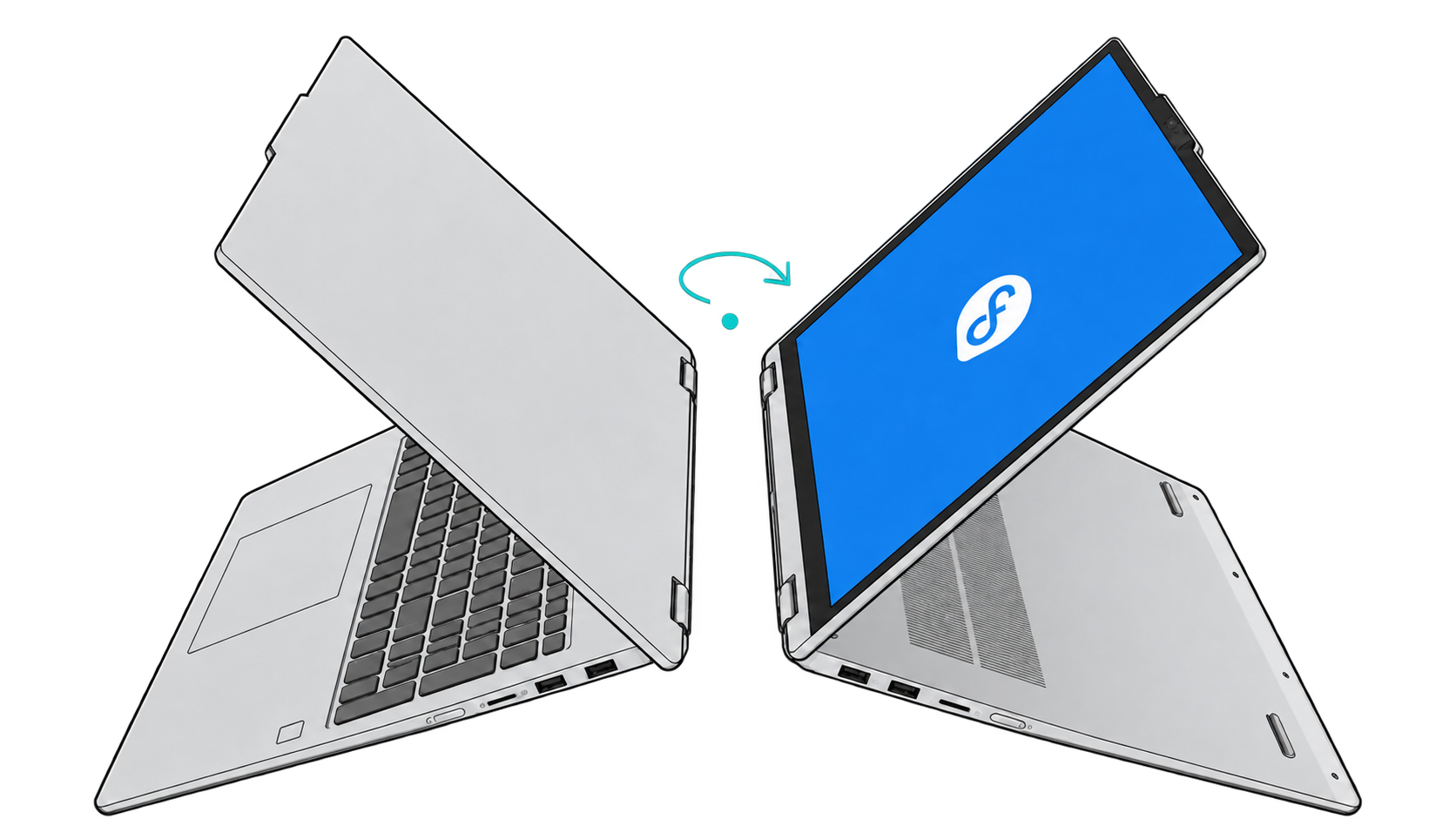 Two opposing views of a convertible laptop, with Fedora on the screen and a rotation arrow between them