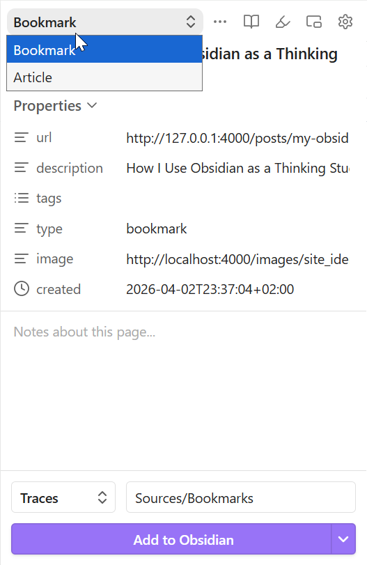 Obsidian Web Clipper showing the Bookmark and Article profile dropdown with captured metadata